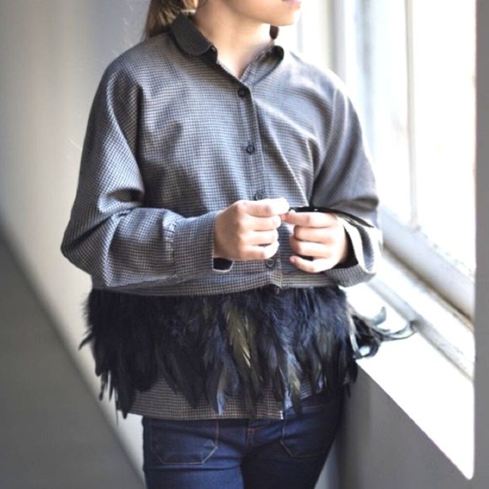 Andorine Luxury Girls Feather Trim Check Oversized Dolman Sleeve Shirt Size 12